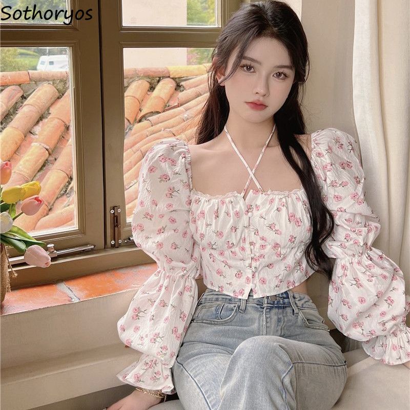 Crop Blouse Linen - Женская блузка с цветочным принтом и