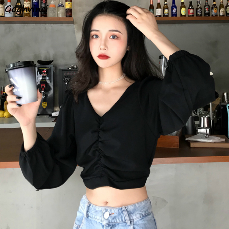 Crop Blouse Linen - Блузки женские с v-образным вырезом и