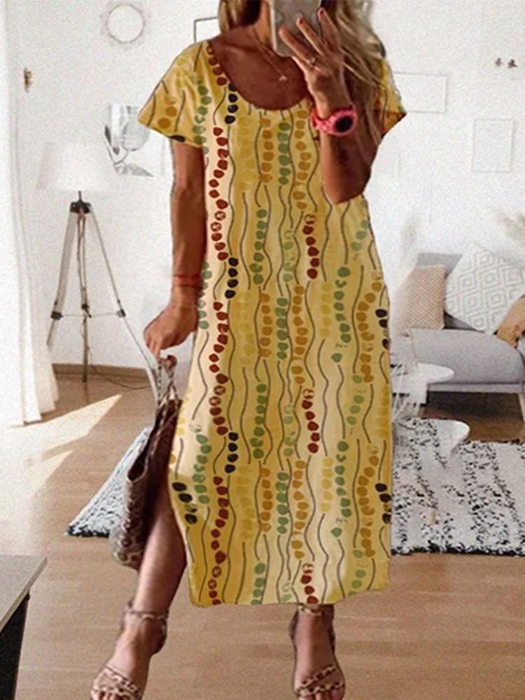 Yellow Summer Clothing - Желтое платье миди с принтом больших